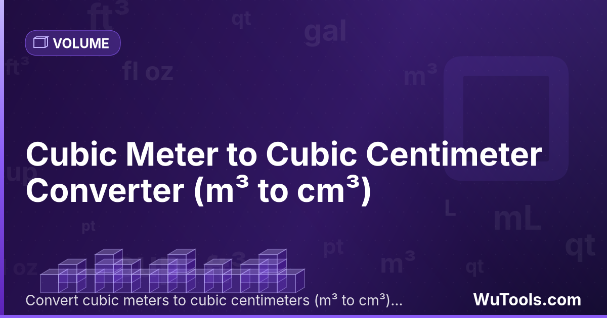 Metro Cúbico para Centímetro Cúbico — Converta metros cúbicos para centímetros cúbicos grátis. 1 m³ = 1,000,000 cm³. Conversor preciso com fórmula, exemplos e
