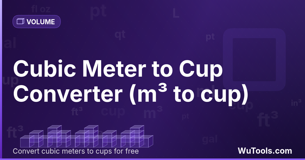 Metro Cúbico para Xícara — Converta metros cúbicos para xícaras grátis. 1 m³ = 4226.75283773 cup. Conversor preciso com fórmula, exemplos e tabela