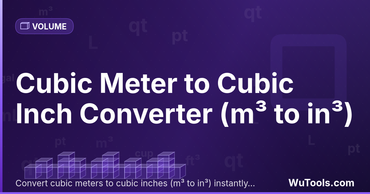 Metro Cúbico para Polegada Cúbica — Converta metros cúbicos para polegadas cúbicas grátis. 1 m³ = 61023.74409473 in³. Conversor preciso com fórmula, exemplo