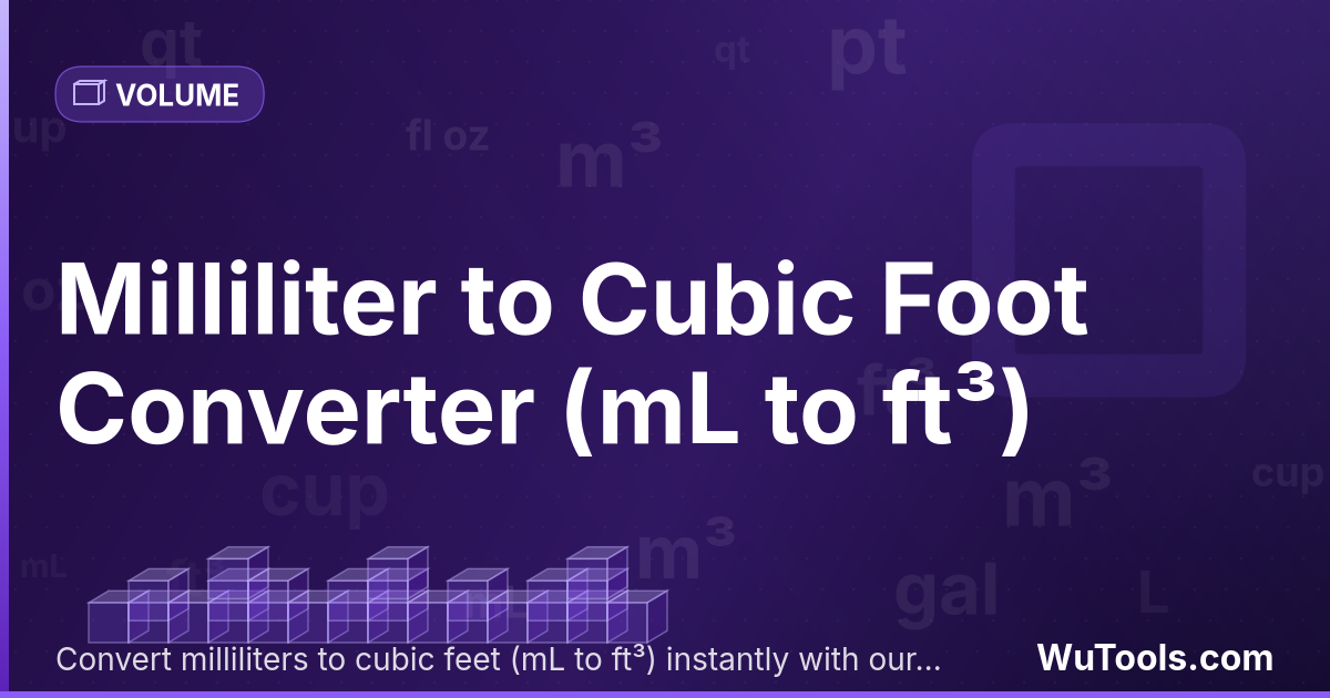Mililitro para Pé Cúbico — Converta mililitros para pés cúbicos grátis. 1 mL = 0.00003531 ft³. Conversor preciso com fórmula, exemplos e tabela de