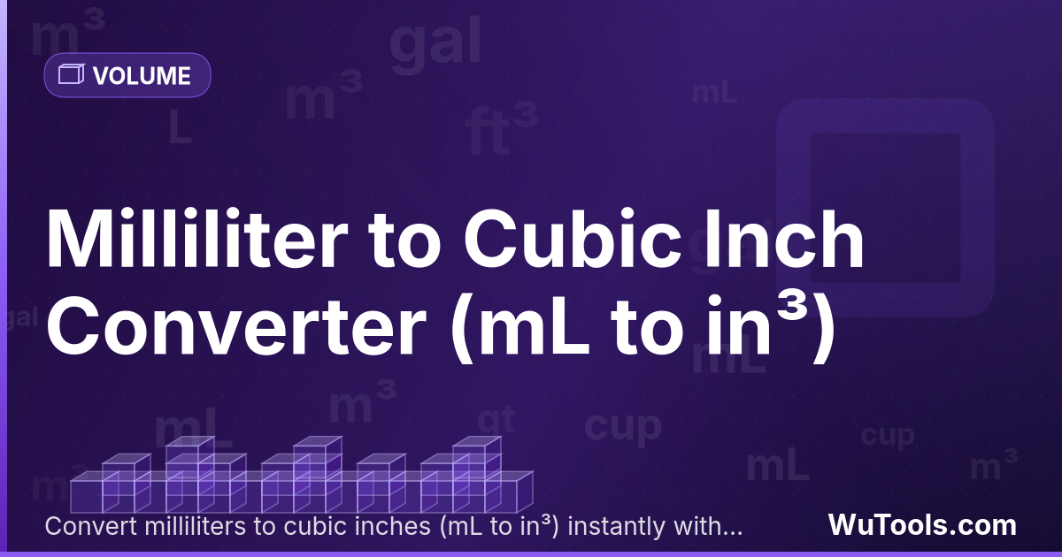 Mililitro para Polegada Cúbica — Converta mililitros para polegadas cúbicas grátis. 1 mL = 0.06102374 in³. Conversor preciso com fórmula, exemplos e tabe