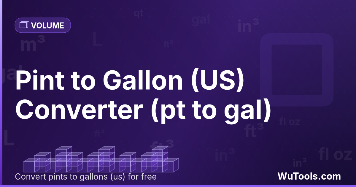 Pinta para Galão (EUA) — Converta pintas para galões (eua) grátis. 1 pt = 0.125 gal. Conversor preciso com fórmula, exemplos e tabela de conversã