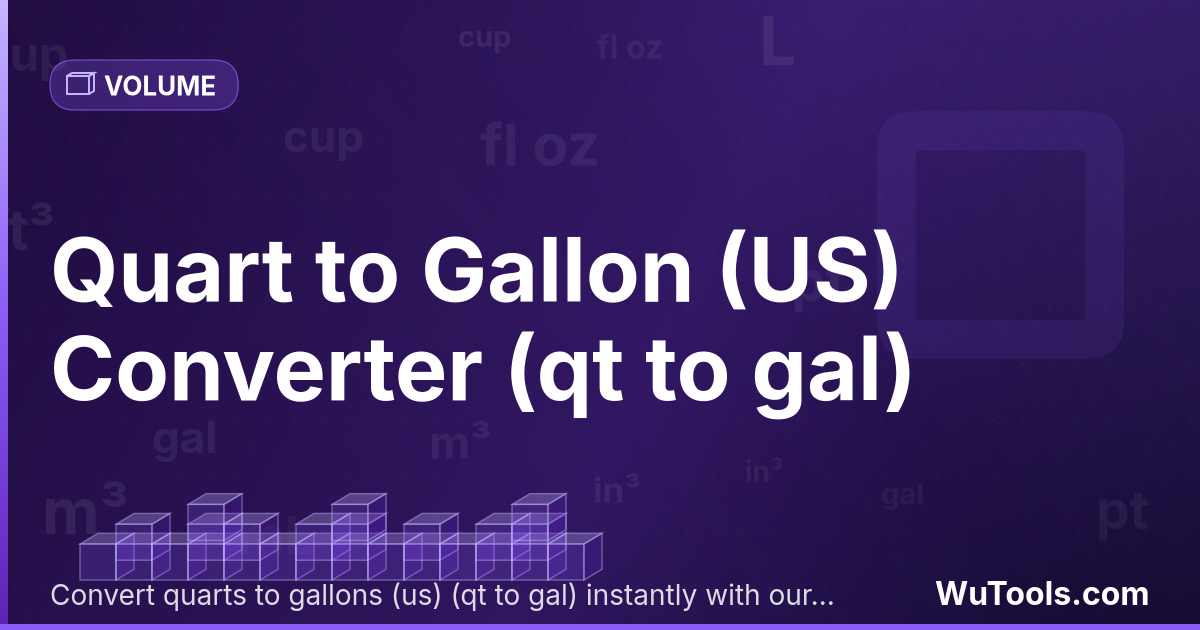 Quarto para Galão (EUA) — Converta quartos para galões (eua) grátis. 1 qt = 0.25 gal. Conversor preciso com fórmula, exemplos e tabela de conversã