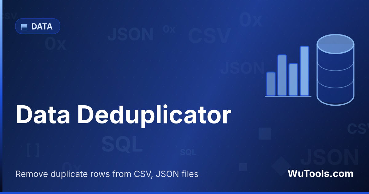 Desduplicador de Datos — Elimina filas duplicadas de archivos CSV y JSON. Selecciona columnas, mantén primera o última ocurrencia y exporta datos