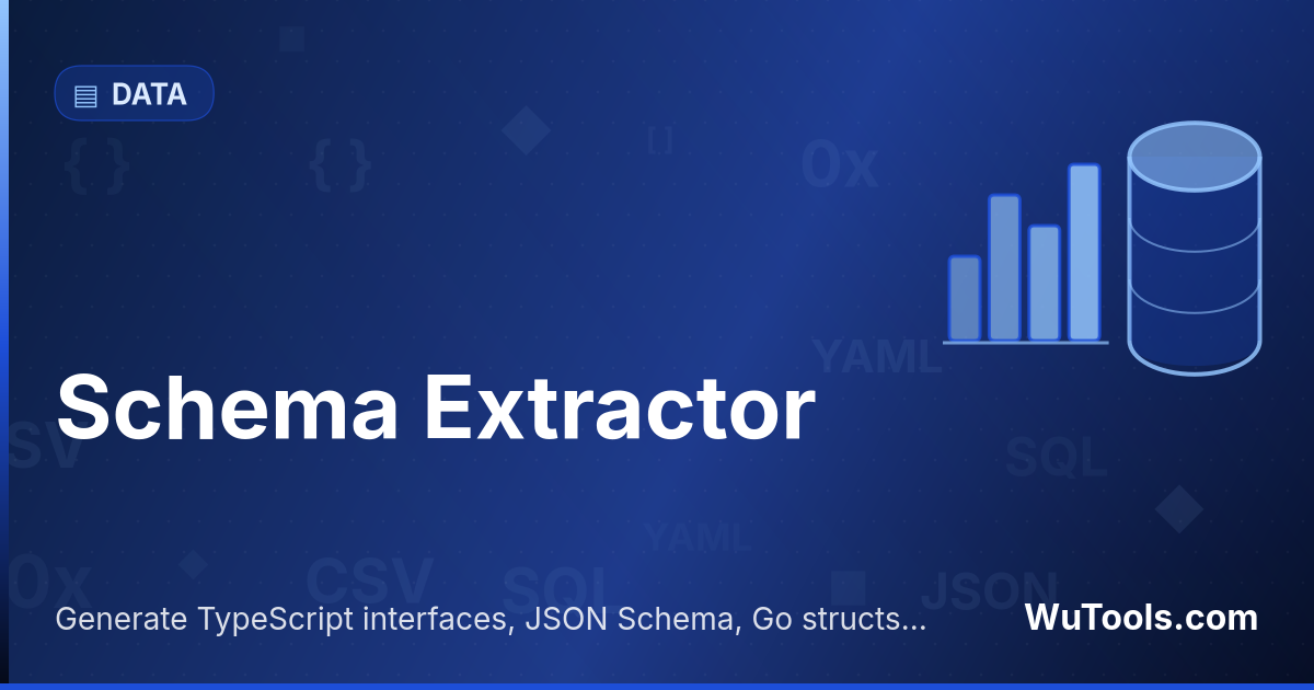 Extrator de Schema — Gere interfaces TypeScript, JSON Schema, structs Go de JSON ou CSV. Extraia schemas de dados automaticamente. Ferramenta