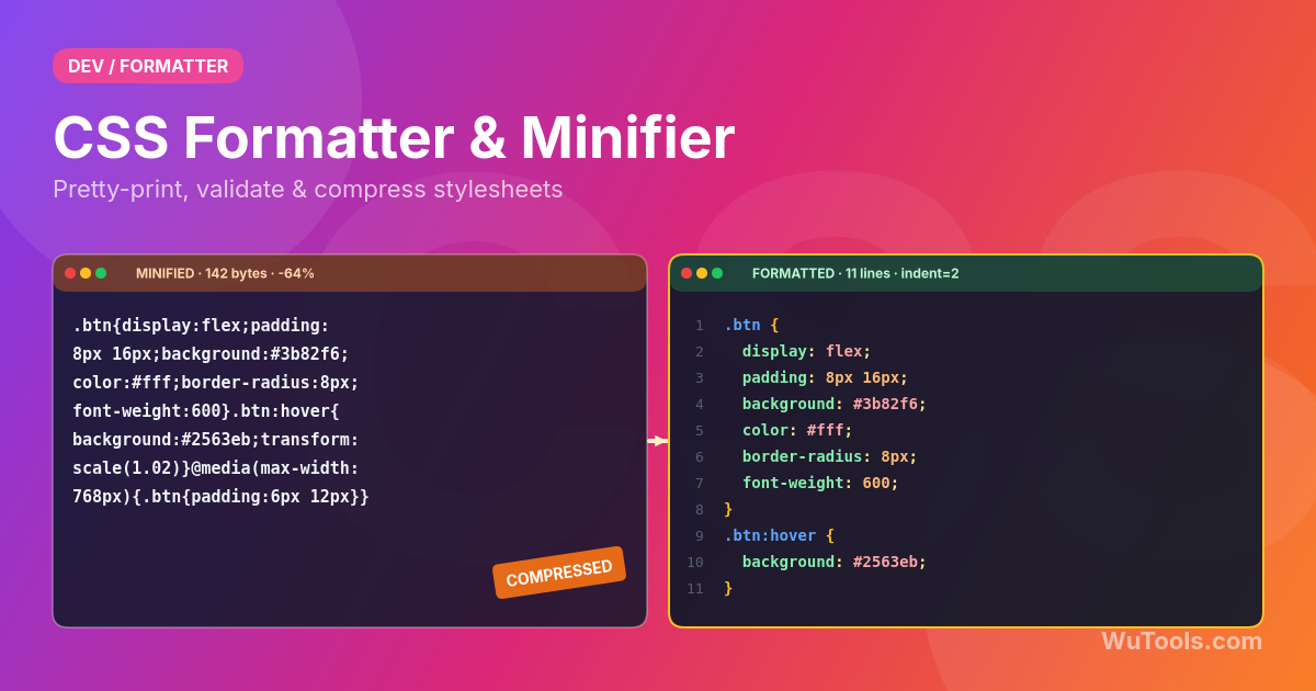 Formatador e Minificador CSS — Formatador CSS online gratuito. Formate, embeleze e minifique código CSS com destaque de sintaxe. Perfeito para desenvol