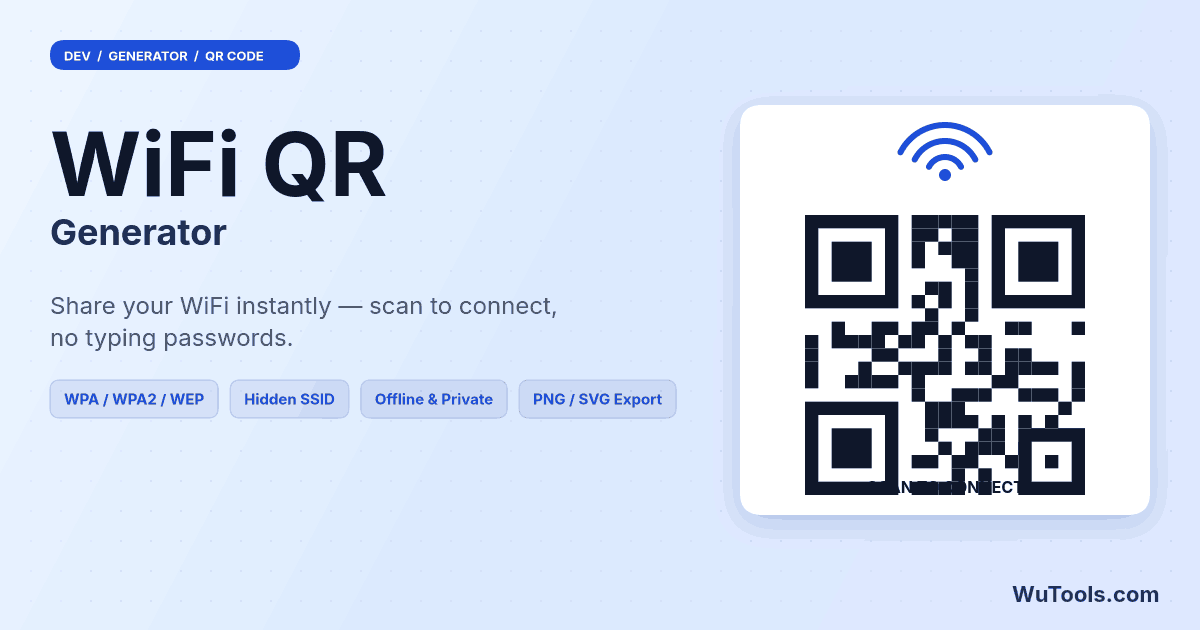WiFi QR Code Generator — Generate WiFi QR codes instantly. Scan to auto-connect — no password typing. Supports WPA/WPA2/WPA3, WEP, open networks,