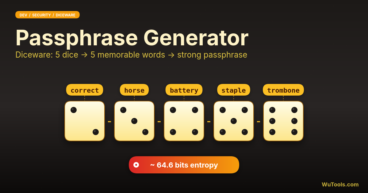 Gerador de Frases-Senha Diceware — Gerador gratuito de frases-senha Diceware com a lista longa da EFF e WebCrypto. Escolha quantidade de palavras, separado