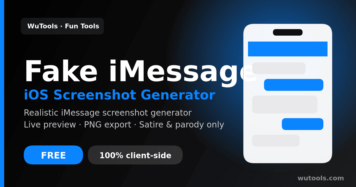 Gerador de Captura Falsa do iMessage — Crie capturas falsas do iMessage no estilo iOS. Personalize contato, balões, barra de status e modo escuro. Baixe PNG. A