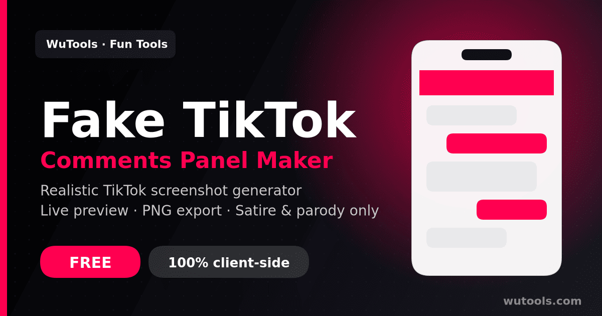 Fake TikTok Comment Generator — Create realistic fake TikTok video + comment panel screenshots. Customize creator, video thumb, pinned comments, likes.
