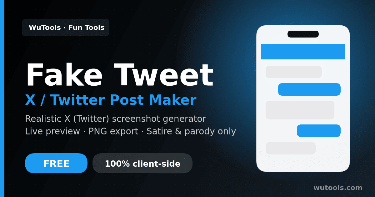 Fake Tweet Generator (X / Twitter) — Create realistic fake tweet screenshots in current X (Twitter) style. Customize handle, verified badge, replies, likes,