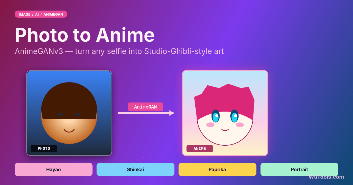 Photo to Anime Converter — Transform photos into anime art with AnimeGANv3 AI. Free tool converts portraits to Studio Ghibli style. Runs locally in