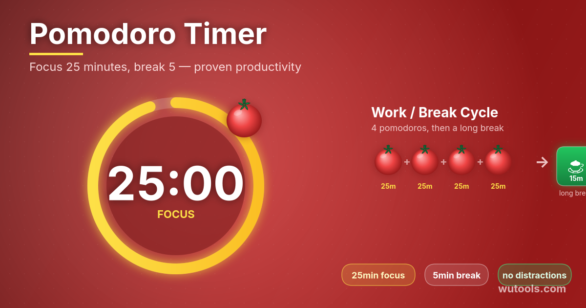 Pomodoro Timer — Free Pomodoro timer with ambient sounds (rain, brown noise, cafe), session timeline, fullscreen, and notifications. 25-m